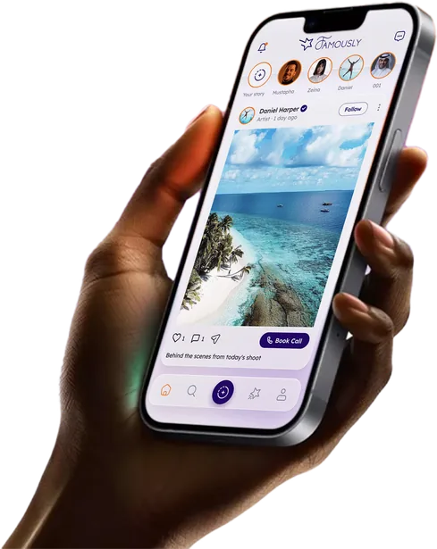 The Famously app showing a creator's post with a Book Call button